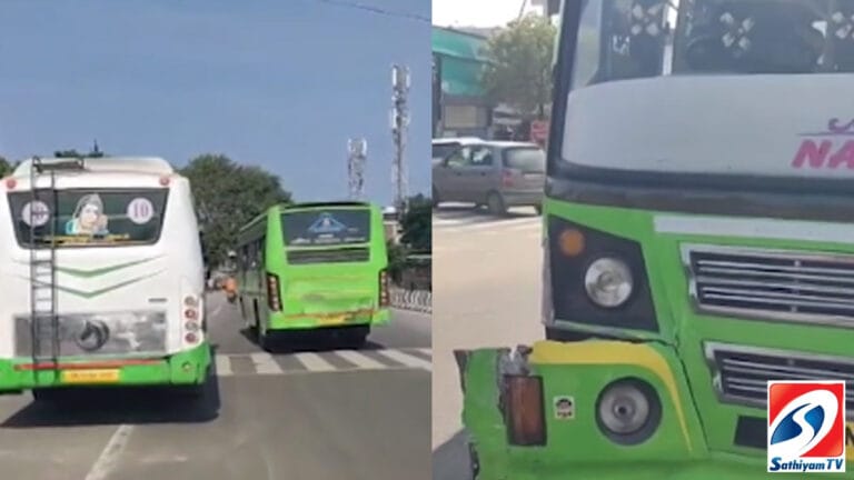 போட்டி போட்டுக்கொண்டு சென்ற பேருந்துகள் மோதியதில் சேதம்