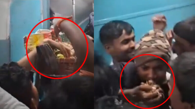 வியாபாரியிடமிருந்து உணவை திருடி சாப்பிட்ட ரயில் பயணிகள்