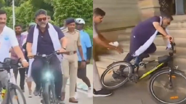 சைக்கிளில் இருந்து தவறி விழுந்த கர்நாடக துணை முதல்வர்